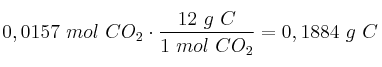 0,0157\ mol\ CO_2\cdot \frac{12\ g\ C}{1\ mol\ CO_2} = 0,1884\ g\ C