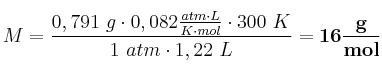 M = \frac{0,791\ g\cdot 0,082\frac{atm\cdot L}{K\cdot mol}\cdot 300\ K}{1\ atm\cdot 1,22\ L} = \bf 16\frac{g}{mol}