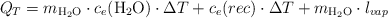 Q_T = m_{\ce{H2O}}\cdot c_e(\ce{H2O})\cdot \Delta T + c_e(rec)\cdot \Delta T + m_{\ce{H2O}}\cdot l_{vap}