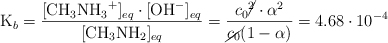 \ce{K_b} = \frac{[\ce{CH3NH3+}]_{eq}\cdot [\ce{OH-}]_{eq}}{[\ce{CH3NH2}]_{eq}} = \frac{c_0\cancel{^2}\cdot \alpha^2}{\cancel{c_0}(1 - \alpha)} = 4.68\cdot 10^{-4}