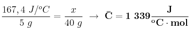 \frac{167,4\ J/^oC}{5\ g} = \frac{x}{40\ g}\ \to\ \bf \bar{C} = 1\ 339\frac{J}{^oC\cdot mol}