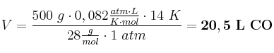 V = \frac{500\ g\cdot 0,082\frac{atm\cdot L}{K\cdot mol}\cdot 14\ K}{28\frac{g}{mol}\cdot 1\ atm} = \bf 20,5\ L\ CO