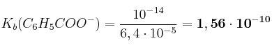 K_b(C_6H_5COO^-) = \frac{10^{-14}}{6,4\cdot 10^{-5}} = \bf 1,56\cdot 10^{-10}
