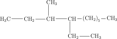 \chemfig{H_3C-CH_2-CH(-[2]CH_3)-CH(-[6]CH_2-CH_3)-{(CH_2)}_5-CH_3}