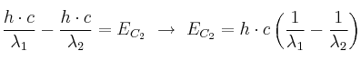 \frac{h\cdot c}{\lambda_1} - \frac{h\cdot c}{\lambda_2} = E_{C_2}\ \to\ E_{C_2} = h\cdot c \left(\frac{1}{\lambda_1} - \frac{1}{\lambda_2}\right)