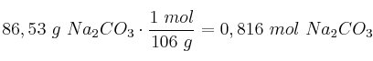 86,53\ g\ Na_2CO_3\cdot \frac{1\ mol}{106\ g} = 0,816\ mol\ Na_2CO_3