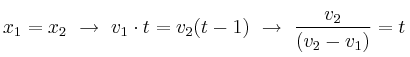x_1 = x_2\ \to\ v_1\cdot t = v_2 (t - 1)\ \to\ \frac{v_2}{(v_2 - v_1)} = t