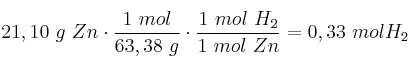 21,10\ g\ Zn\cdot \frac{1\ mol}{63,38\ g}\cdot \frac{1\ mol\ H_2}{1\ mol\ Zn} = 0,33\ mol H_2