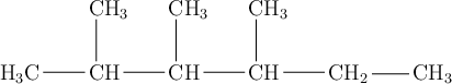 \chemfig{H_3C-CH(-[2]CH_3)-CH(-[2]CH_3)-CH(-[2]CH_3)-CH_2-CH_3}