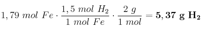 1,79\ mol\ Fe\cdot \frac{1,5\ mol\ H_2}{1\ mol\ Fe}\cdot \frac{2\ g}{1\ mol} = \bf 5,37\ g\ H_2