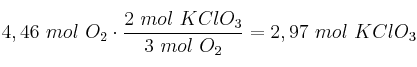 4,46\ mol\ O_2\cdot \frac{2\ mol\ KClO_3}{3\ mol\ O_2} = 2,97\ mol\ KClO_3