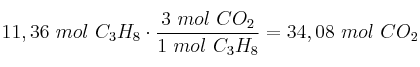 11,36\ mol\ C_3H_8\cdot \frac{3\ mol\ CO_2}{1\ mol\ C_3H_8} = 34,08\ mol\ CO_2