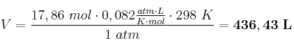 V = \frac{17,86\ mol\cdot 0,082\frac{atm\cdot L}{K\cdot mol}\cdot 298\ K}{1\ atm} = \bf 436,43\ L