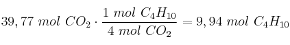 39,77\ mol\ CO_2\cdot \frac{1\ mol\ C_4H_{10}}{4\ mol\ CO_2} = 9,94\ mol\ C_4H_{10}