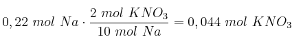 0,22\ mol\ Na\cdot \frac{2\ mol\ KNO_3}{10\ mol\ Na} = 0,044\ mol\ KNO_3