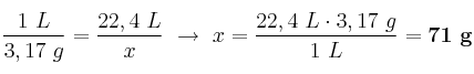 \frac{1\ L}{3,17\ g} = \frac{22,4\ L}{x}\ \to\ x = \frac{22,4\ L\cdot 3,17\ g}{1\ L} = \bf 71\ g