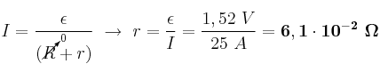 I = \frac{\epsilon}{(\cancelto{0}{R} + r)}\ \to\ r = \frac{\epsilon}{I} = \frac{1,52\ V}{25\ A} = \bf 6,1\cdot 10^{-2}\ \Omega