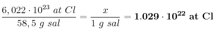 \frac{6,022\cdot 10^{23}\ at\ Cl}{58,5\ g\ sal} = \frac{x}{1\ g\ sal} = \bf 1.029\cdot 10^{22}\ at\ Cl