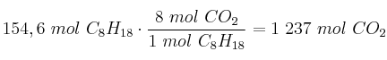 154,6\ mol\ C_8H_{18}\cdot \frac{8\ mol\ CO_2}{1\ mol\ C_8H_{18}} = 1\ 237\ mol\ CO_2