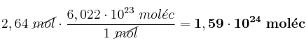 2,64\ \cancel{mol}\cdot \frac{6,022\cdot 10^{23}\ mol\acute{e}c}{1\ \cancel{mol}} = \bf 1,59\cdot 10^{24}\ mol\acute{e}c