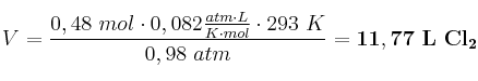 V = \frac{0,48\ mol\cdot 0,082\frac{atm\cdot L}{K\cdot mol}\cdot 293\ K}{0,98\ atm} = \bf 11,77\ L\ Cl_2