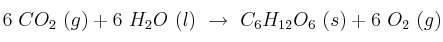 6\ CO_2\ (g) + 6\ H_2O\ (l)\ \to\ C_6H_{12}O_6\ (s) + 6\ O_2\ (g)