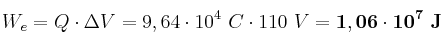 W_e = Q\cdot \Delta V = 9,64\cdot 10^4\ C\cdot 110\ V = \bf 1,06\cdot 10^7\ J