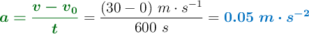 {\color[RGB]{2,112,20}{\bm{a = \frac{v - v_0}{t}}}} = \frac{(30 - 0)\ m\cdot s^{-1}}{600\ s} = \color[RGB]{0,112,192}{\bm{0.05\ m\cdot s^{-2}}}
