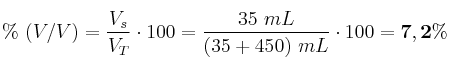 \%\ (V/V) = \frac{V_s}{V_T}\cdot 100= \frac{35\ mL}{(35 + 450)\ mL}\cdot 100 = \bf 7,2\%