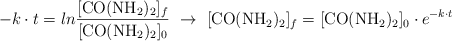 -k\cdot t = ln\frac{[\ce{CO(NH2)2}]_f}{[\ce{CO(NH2)2}]_0}\ \to\ [\ce{CO(NH2)2}]_f = [\ce{CO(NH2)2}]_0\cdot e^{-k\cdot t}