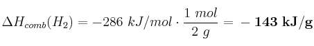 \Delta H_{comb}(H_2) = - 286\ kJ/mol\cdot \frac{1\ mol}{2\ g} = \bf -143\ kJ/g