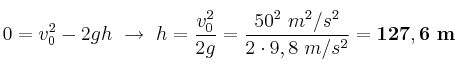0 = v_0^2 - 2gh\ \to\ h = \frac{v_0^2}{2g} = \frac{50^2\ m^2/s^2}{2\cdot 9,8\ m/s^2} = \bf 127,6\ m