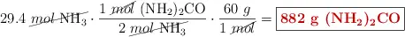 29.4\ \cancel{mol\ \ce{NH3}}\cdot \frac{1\ \cancel{mol}\ \ce{(NH2)2CO}}{2\ \cancel{mol\ \ce{NH3}}}\cdot \frac{60\ g}{1\ \cancel{mol}} = \fbox{\color[RGB]{192,0,0}{\bf 882\ g\ \ce{(NH2)2CO}}}