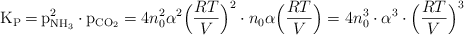 \ce{K_P = p^2_{NH_3}\cdot p_{CO_2}} = 4n_0^2\alpha^2\Big(\frac{RT}{V}\Big)^2\cdot n_0\alpha\Big(\frac{RT}{V}\Big) = 4n^3_0\cdot \alpha^3\cdot \Big(\frac{RT}{V}\Big)^3
