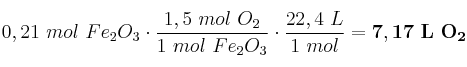 0,21\ mol\ Fe_2O_3\cdot \frac{1,5\ mol\ O_2}{1\ mol\ Fe_2O_3}\cdot \frac{22,4\ L}{1\ mol} = \bf 7,17\ L\ O_2