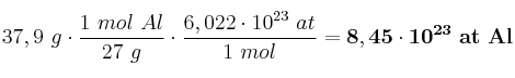37,9\ g\cdot \frac{1\ mol\ Al}{27\ g}\cdot \frac{6,022\cdot 10^{23}\ at}{1\ mol} = \bf 8,45\cdot 10^{23}\ at\ Al