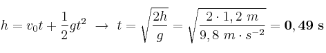 h = v_0t + \frac{1}{2}gt^2\ \to\ t = \sqrt{\frac{2h}{g}} = \sqrt{\frac{2\cdot 1,2\ m}{9,8\ m\cdot s^{-2}}} = \bf 0,49\ s