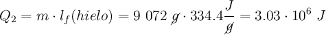 Q_2 = m\cdot l_f(hielo) = 9\ 072\ \cancel{g}\cdot 334.4\frac{J}{\cancel{g}} = 3.03\cdot 10^6\ J