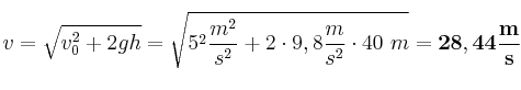 v = \sqrt{v_0^2 + 2gh} = \sqrt{5^2\frac{m^2}{s^2} + 2\cdot 9,8\frac{m}{s^2}\cdot 40\ m} = \bf 28,44\frac{m}{s}