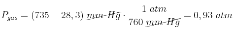 P_{gas} = (735 - 28,3)\ \cancel{mm\ Hg}\cdot \frac{1\ atm}{760\ \cancel{mm\ Hg}} = 0,93\ atm