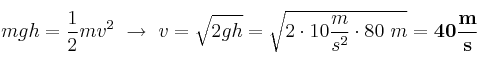mgh = \frac{1}{2}mv^2\ \to\ v = \sqrt{2gh} = \sqrt{2\cdot 10\frac{m}{s^2}\cdot 80\ m} = \bf 40\frac{m}{s}