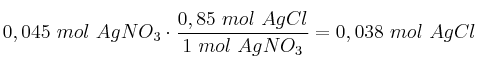 0,045\ mol\ AgNO_3\cdot \frac{0,85\ mol\ AgCl}{1\ mol\ AgNO_3} = 0,038\ mol\ AgCl