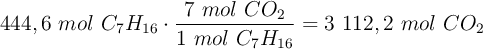 444,6\ mol\ C_7H_{16}\cdot \frac{7\ mol\ CO_2}{1\ mol\ C_7H_{16}} = 3\ 112,2\ mol\ CO_2