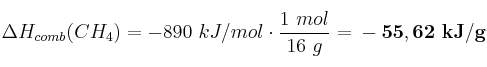 \Delta H_{comb}(CH_4) = - 890\ kJ/mol\cdot \frac{1\ mol}{16\ g} = \bf -55,62\ kJ/g