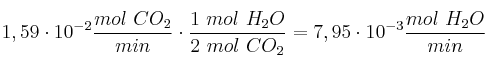1,59\cdot 10^{-2}\frac{mol\ CO_2}{min}\cdot \frac{1\ mol\ H_2O}{2\ mol\ CO_2} = 7,95\cdot 10^{-3}\frac{mol\ H_2O}{min}