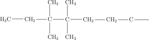 \chemfig{H_3C-CH_2-C(-[2]CH_3)(-[6]CH_3)-C(-[2]CH_3)(-[6]CH_3)-CH_2-CH_2-C-}