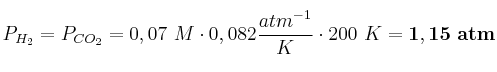 P_{H_2} = P_{CO_2} = 0,07\ M\cdot 0,082\frac{atm\M^{-1}}{K}\cdot 200\ K = \bf 1,15\ atm