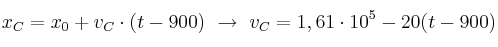 x_C = x_0 + v_C\cdot (t - 900)\ \to\ v_C = 1,61\cdot 10^5 - 20(t - 900)