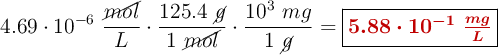 4.69\cdot 10^{-6}\ \frac{\cancel{mol}}{L}\cdot \frac{125.4\ \cancel{g}}{1\ \cancel{mol}}\cdot \frac{10^3\ mg}{1\ \cancel{g}} = \fbox{\color[RGB]{192,0,0}{\bm{5.88\cdot 10^{-1}\ \frac{mg}{L}}}}