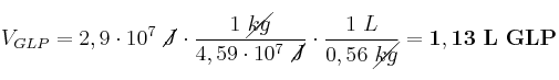 V_{GLP} = 2,9\cdot 10^7\ \cancel{J}\cdot \frac{1\ \cancel{kg}}{4,59\cdot 10^7\ \cancel{J}}\cdot \frac{1\ L}{0,56\ \cancel{kg}} = \bf 1,13\ L\ GLP